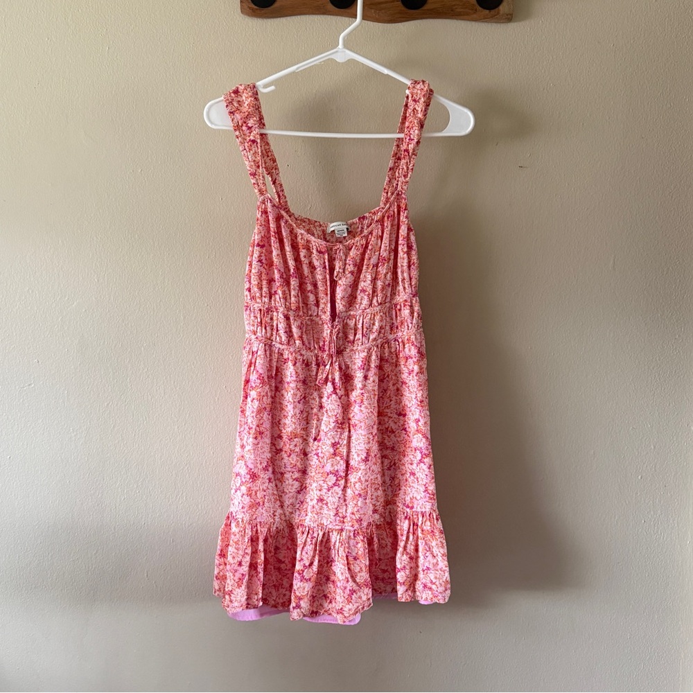 American Eagle Pink Floral Milkmaid Mini Sundress with Pockets Size M Coquette